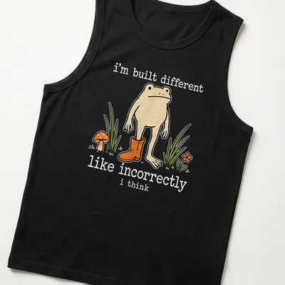 Playful cartoon frog with humorous text about being different — printed on a tank top