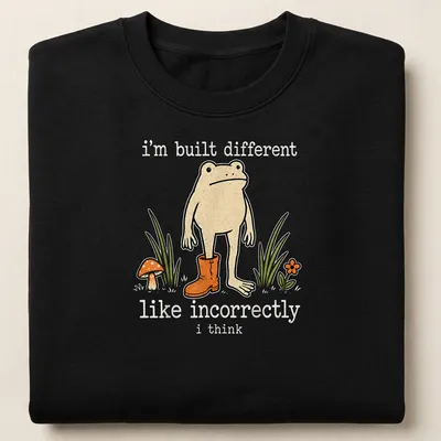 Playful cartoon frog with humorous text about being different — printed on a unisex sweatshirt