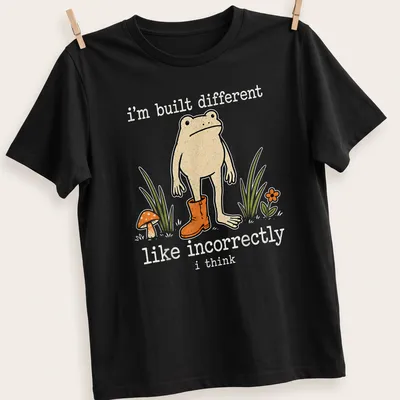 Playful cartoon frog with humorous text about being different