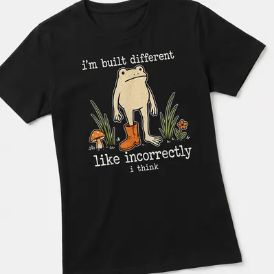 Playful cartoon frog with humorous text about being different — printed on a women's shirt