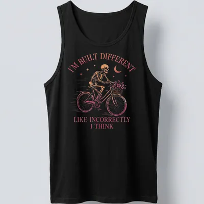 Vintage skeleton riding a bicycle with humorous text in pink and brown — printed on a tank top