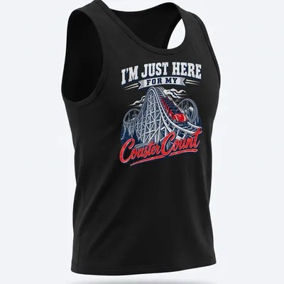 Vintage roller coaster tee with playful print about coaster counting — printed on a tank top