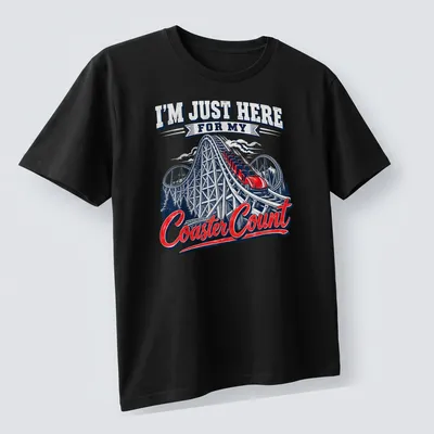 Vintage roller coaster tee with playful print about coaster counting — printed on a unisex t-shirt (angled view)