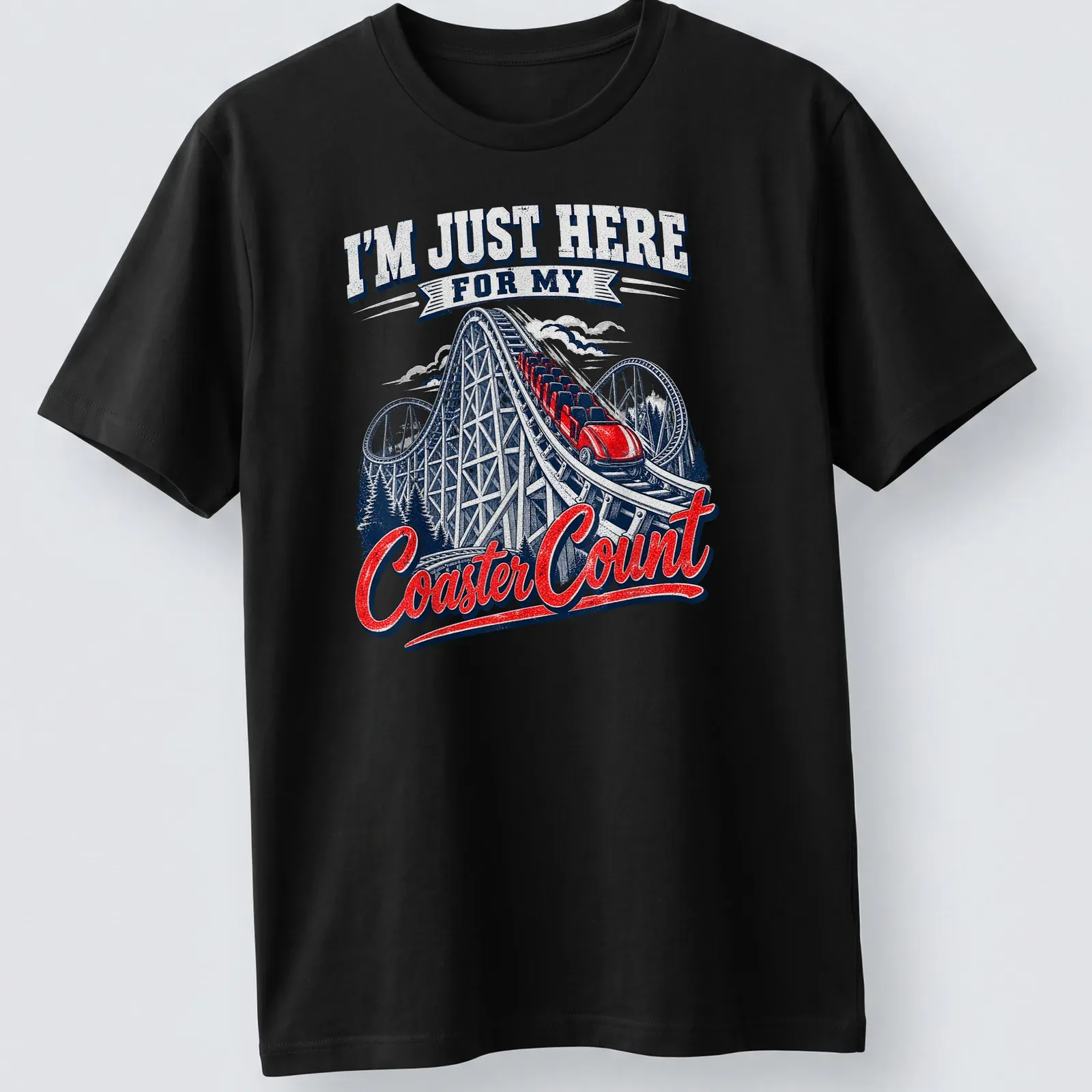 Vintage roller coaster tee with playful print about coaster counting — printed on a unisex t-shirt