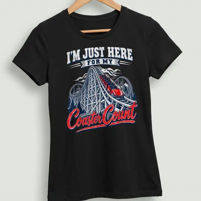 Vintage roller coaster tee with playful print about coaster counting — printed on a women's shirt