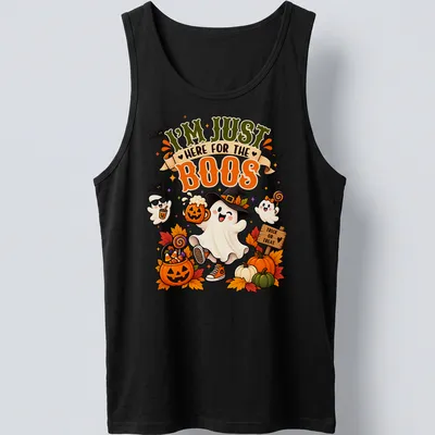Kawaii ghost with pumpkin and beer, featuring humorous text for Halloween — printed on a tank top