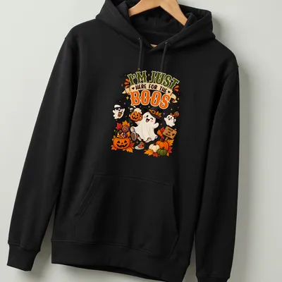 Kawaii ghost with pumpkin and beer, featuring humorous text for Halloween — printed on a unisex hoodie