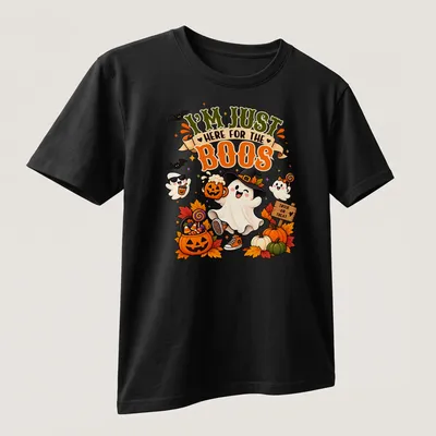 Kawaii ghost with pumpkin and beer, featuring humorous text for Halloween — printed on a unisex t-shirt (angled view)