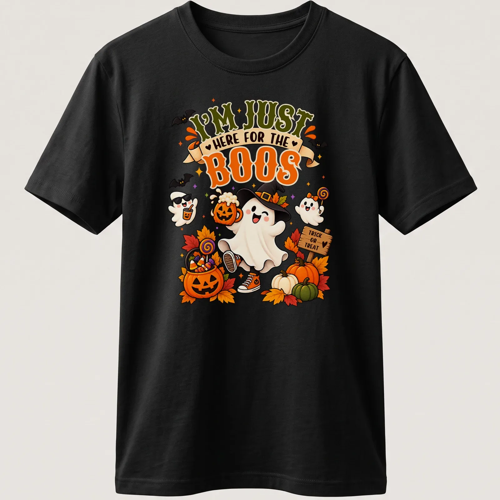 Kawaii ghost with pumpkin and beer, featuring humorous text for Halloween — printed on a unisex t-shirt