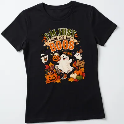 Kawaii ghost with pumpkin and beer, featuring humorous text for Halloween — printed on a women's shirt
