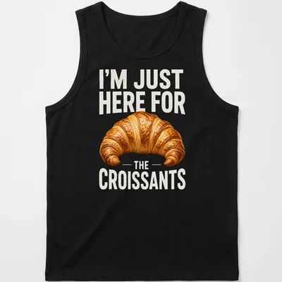 Realistic illustration of a golden brown croissant with text about croissants — printed on a tank top