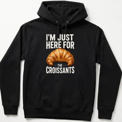 Realistic illustration of a golden brown croissant with text about croissants — printed on a unisex hoodie
