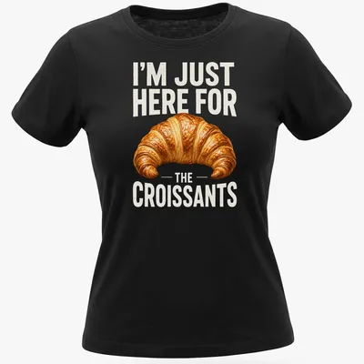Realistic illustration of a golden brown croissant with text about croissants — printed on a women's shirt