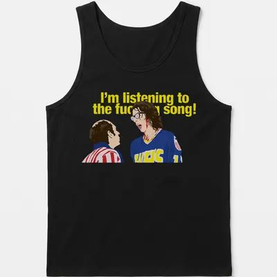 Cartoon T-shirt featuring two characters in hockey jerseys and humorous printed text. — printed on a tank top