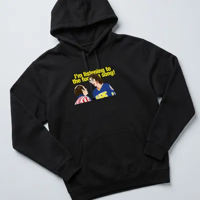 Cartoon T-shirt featuring two characters in hockey jerseys and humorous printed text. — printed on a unisex hoodie