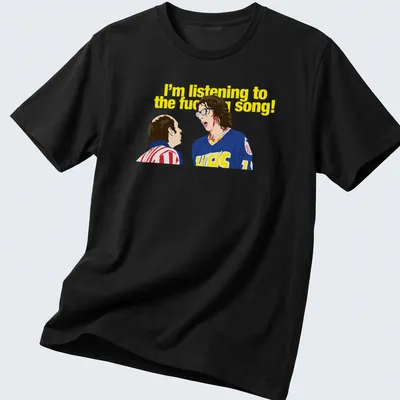 Cartoon T-shirt featuring two characters in hockey jerseys and humorous printed text.