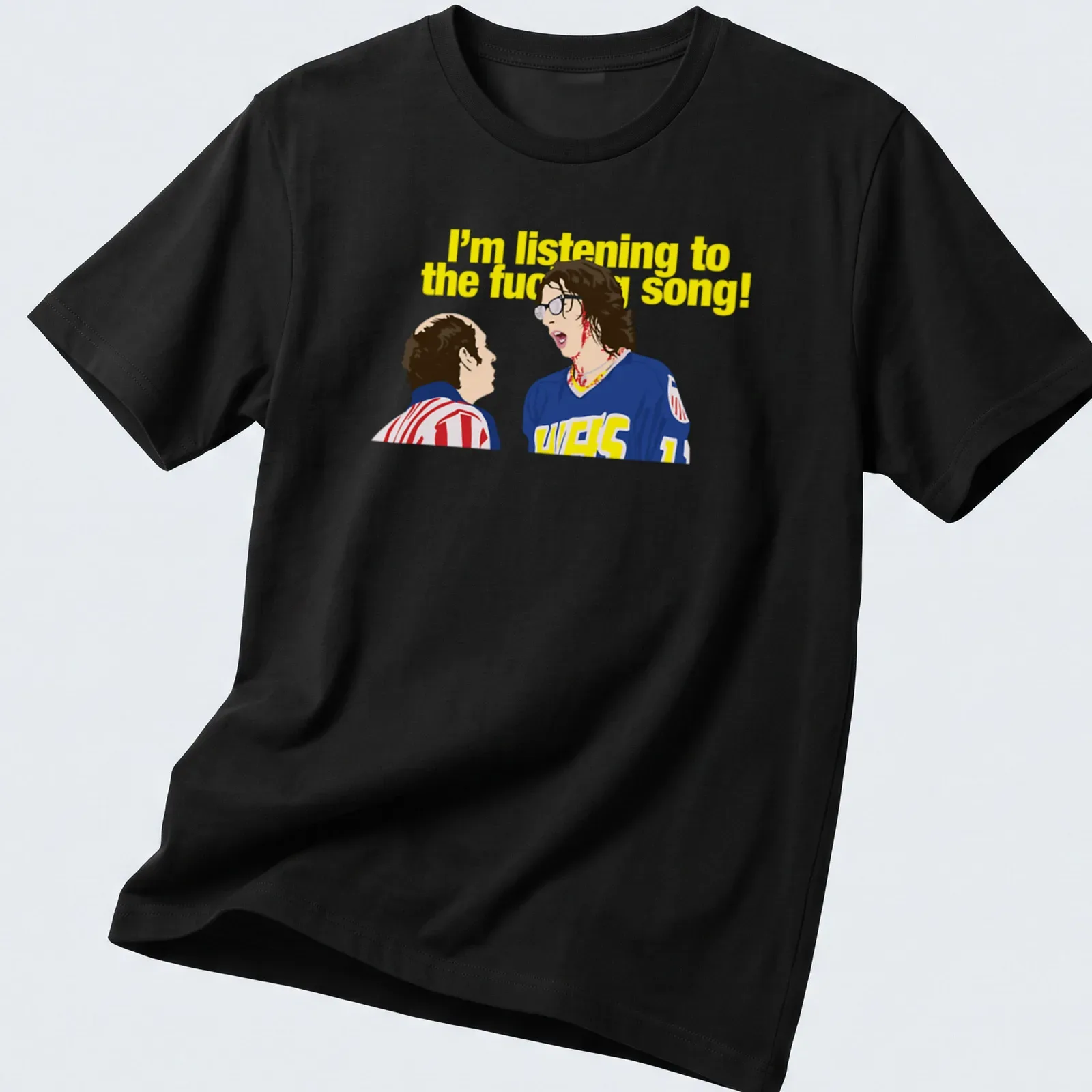 Cartoon T-shirt featuring two characters in hockey jerseys and humorous printed text. — printed on a unisex t-shirt