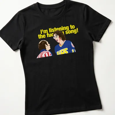 Cartoon T-shirt featuring two characters in hockey jerseys and humorous printed text. — printed on a women's shirt