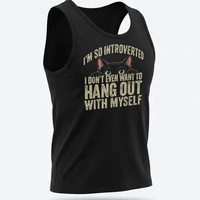 Vintage distressed tee featuring a black cat and the text about introversion — printed on a tank top