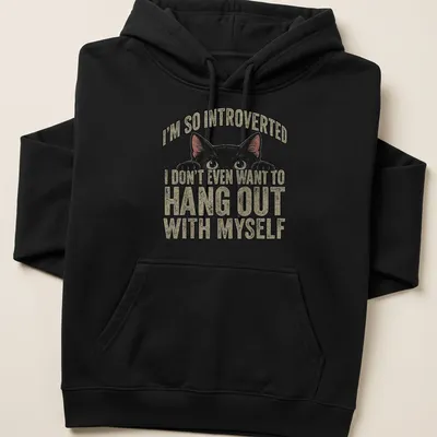Vintage distressed tee featuring a black cat and the text about introversion — printed on a unisex hoodie