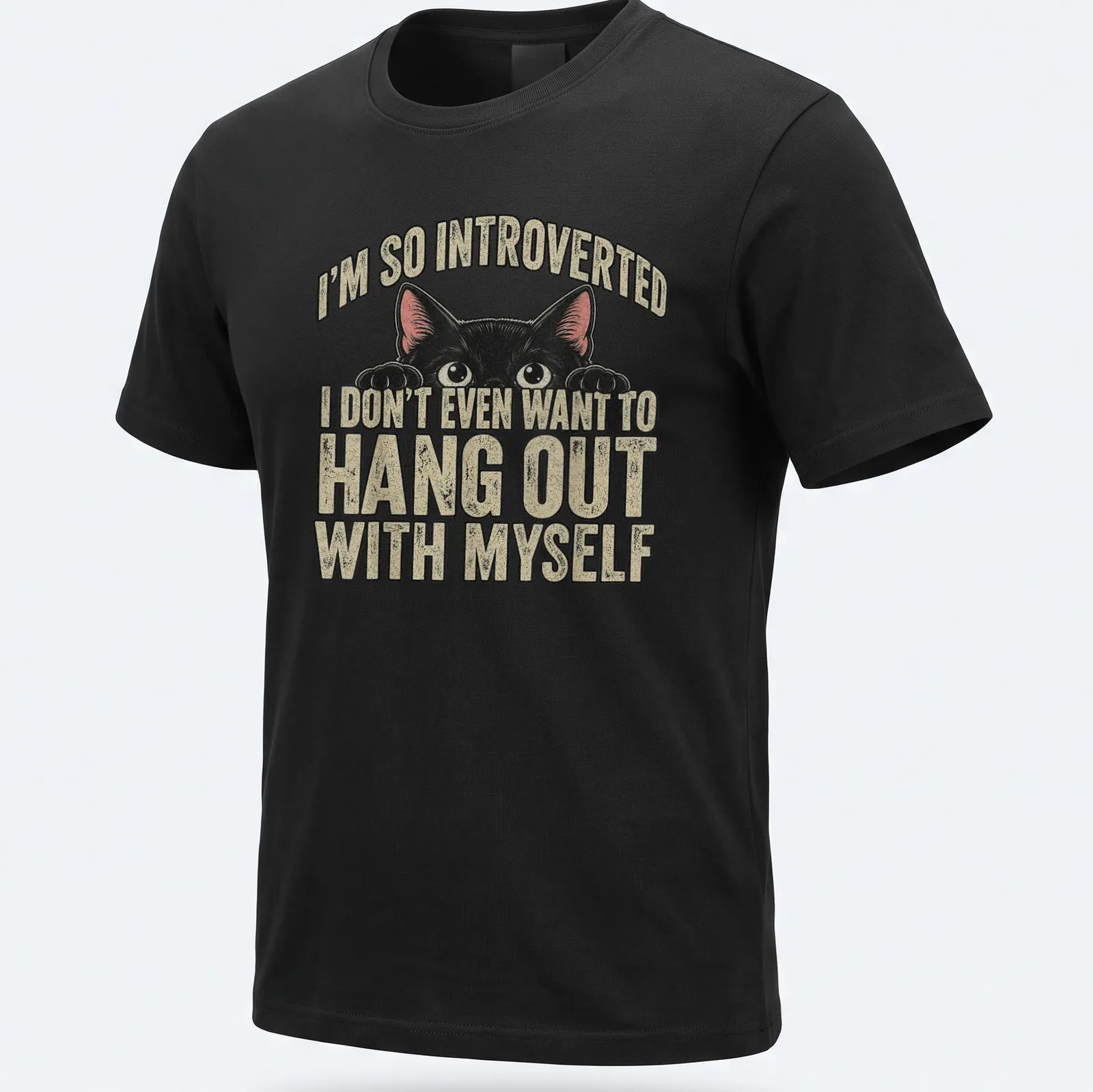 Vintage distressed tee featuring a black cat and the text about introversion — printed on a unisex t-shirt