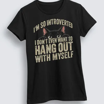 Vintage distressed tee featuring a black cat and the text about introversion — printed on a women's shirt