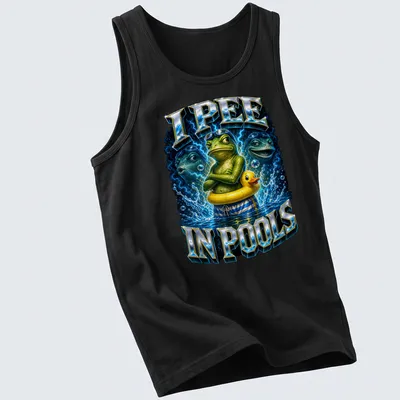 Cartoon frog in a duck float with the text I PEE IN POOLS, vibrant colors — printed on a tank top