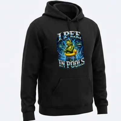 Cartoon frog in a duck float with the text I PEE IN POOLS, vibrant colors — printed on a unisex hoodie