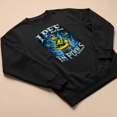 Cartoon frog in a duck float with the text I PEE IN POOLS, vibrant colors — printed on a unisex sweatshirt