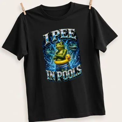 Cartoon frog in a duck float with the text I PEE IN POOLS, vibrant colors