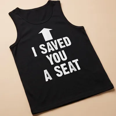Humorous t-shirt with the text 'I SAVED YOU A SEAT' in bold typography — printed on a tank top