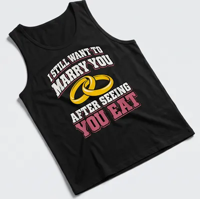 Bold text and wedding rings on a playful t-shirt about love and food — printed on a tank top