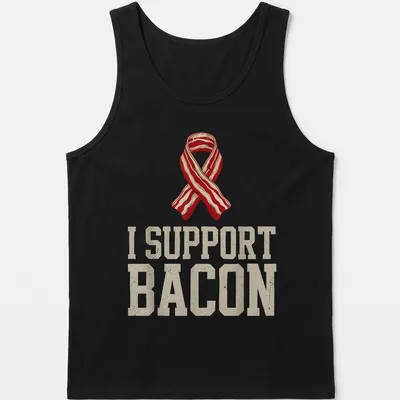 Vintage style t-shirt featuring a bacon ribbon and the text 'I SUPPORT BACON' — printed on a tank top
