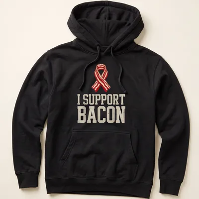 Vintage style t-shirt featuring a bacon ribbon and the text 'I SUPPORT BACON' — printed on a unisex hoodie