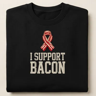 Vintage style t-shirt featuring a bacon ribbon and the text 'I SUPPORT BACON' — printed on a unisex sweatshirt