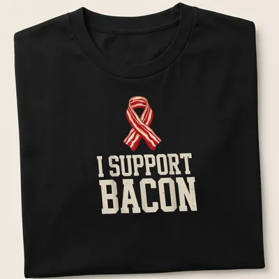Vintage style t-shirt featuring a bacon ribbon and the text 'I SUPPORT BACON'