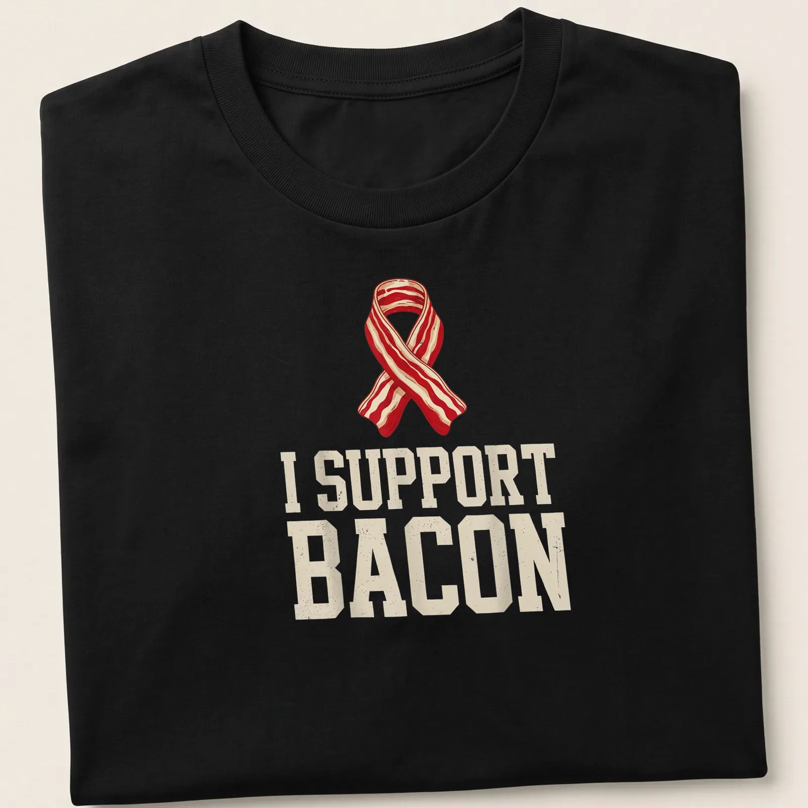 Vintage style t-shirt featuring a bacon ribbon and the text 'I SUPPORT BACON' — printed on a unisex t-shirt