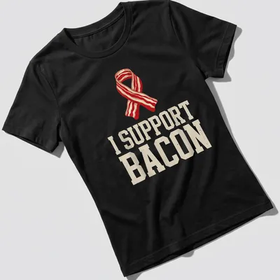 Vintage style t-shirt featuring a bacon ribbon and the text 'I SUPPORT BACON' — printed on a women's shirt