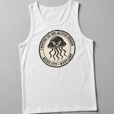 Vintage badge design featuring an angry jellyfish with humorous text — printed on a tank top
