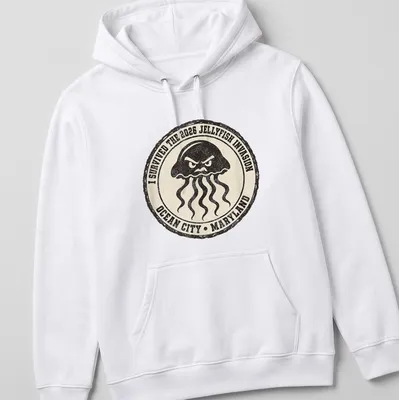 Vintage badge design featuring an angry jellyfish with humorous text — printed on a unisex hoodie