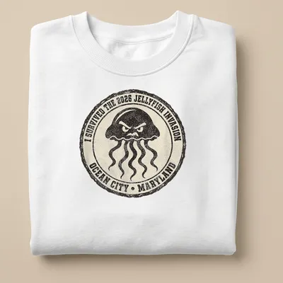 Vintage badge design featuring an angry jellyfish with humorous text — printed on a unisex sweatshirt