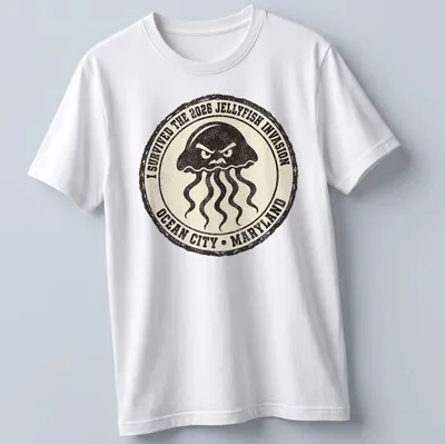 Vintage badge design featuring an angry jellyfish with humorous text