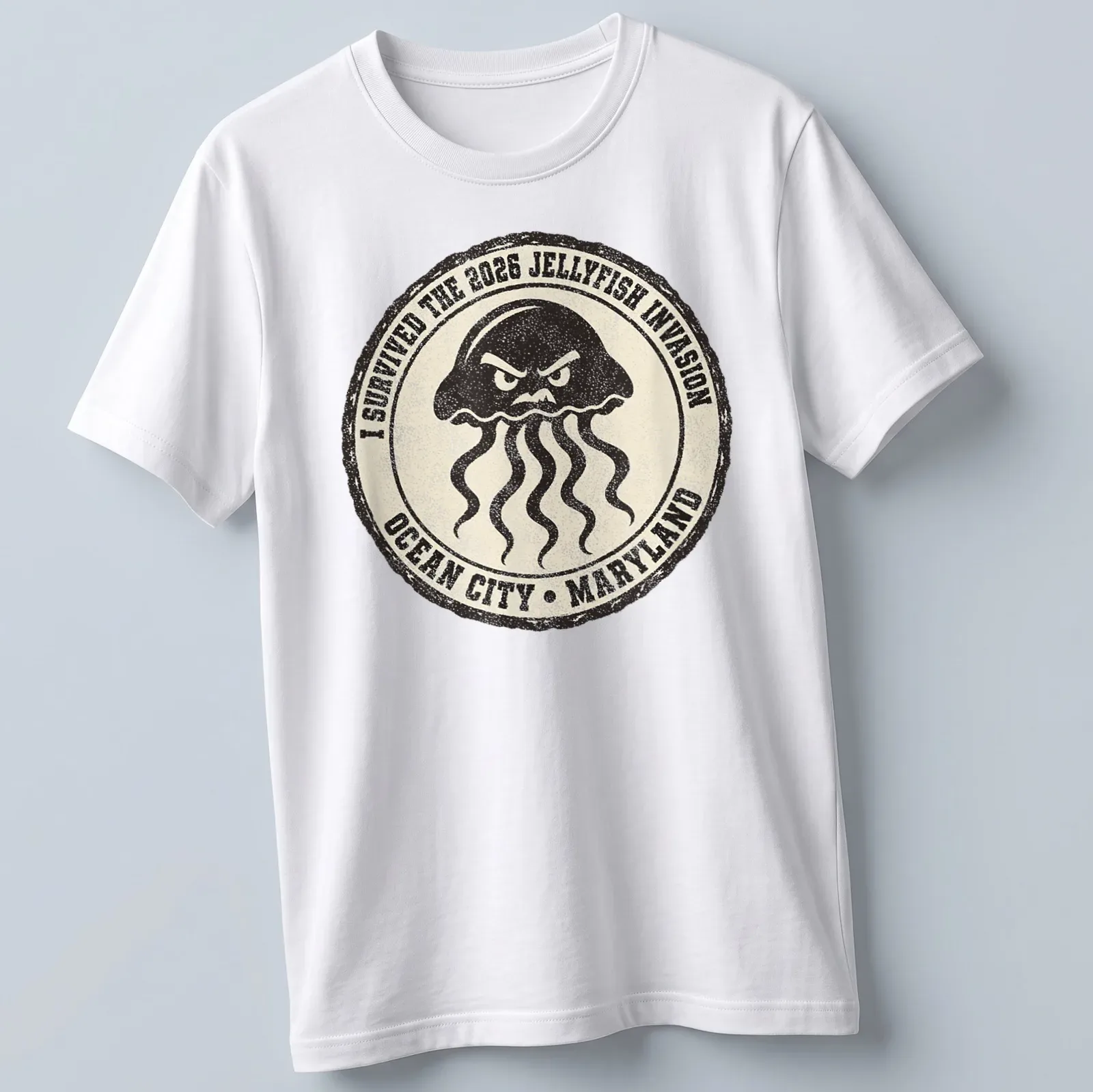 Vintage badge design featuring an angry jellyfish with humorous text — printed on a unisex t-shirt