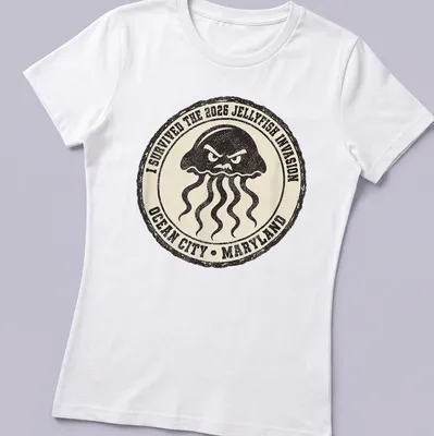 Vintage badge design featuring an angry jellyfish with humorous text — printed on a women's shirt