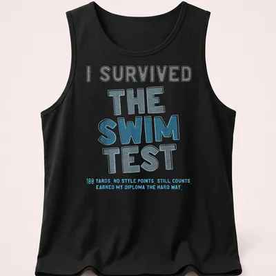 Humorous swim test t-shirt with bold playful text about earning a diploma. — printed on a tank top