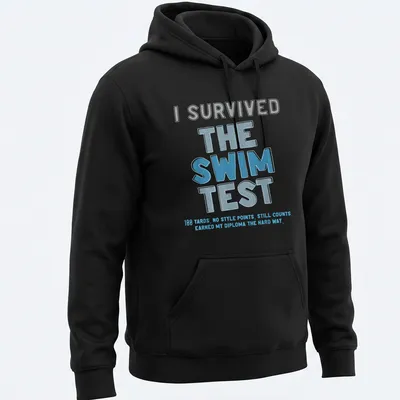 Humorous swim test t-shirt with bold playful text about earning a diploma. — printed on a unisex hoodie
