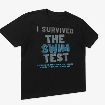 Humorous swim test t-shirt with bold playful text about earning a diploma. — printed on a unisex t-shirt (angled view)
