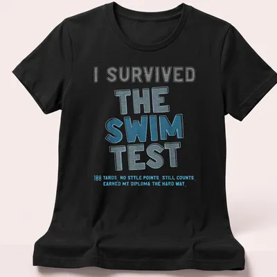 Humorous swim test t-shirt with bold playful text about earning a diploma. — printed on a women's shirt