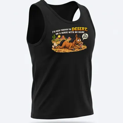 Cartoon horse graphic with lyrics from a classic song, in bright colors — printed on a tank top