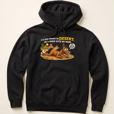 Cartoon horse graphic with lyrics from a classic song, in bright colors — printed on a unisex hoodie